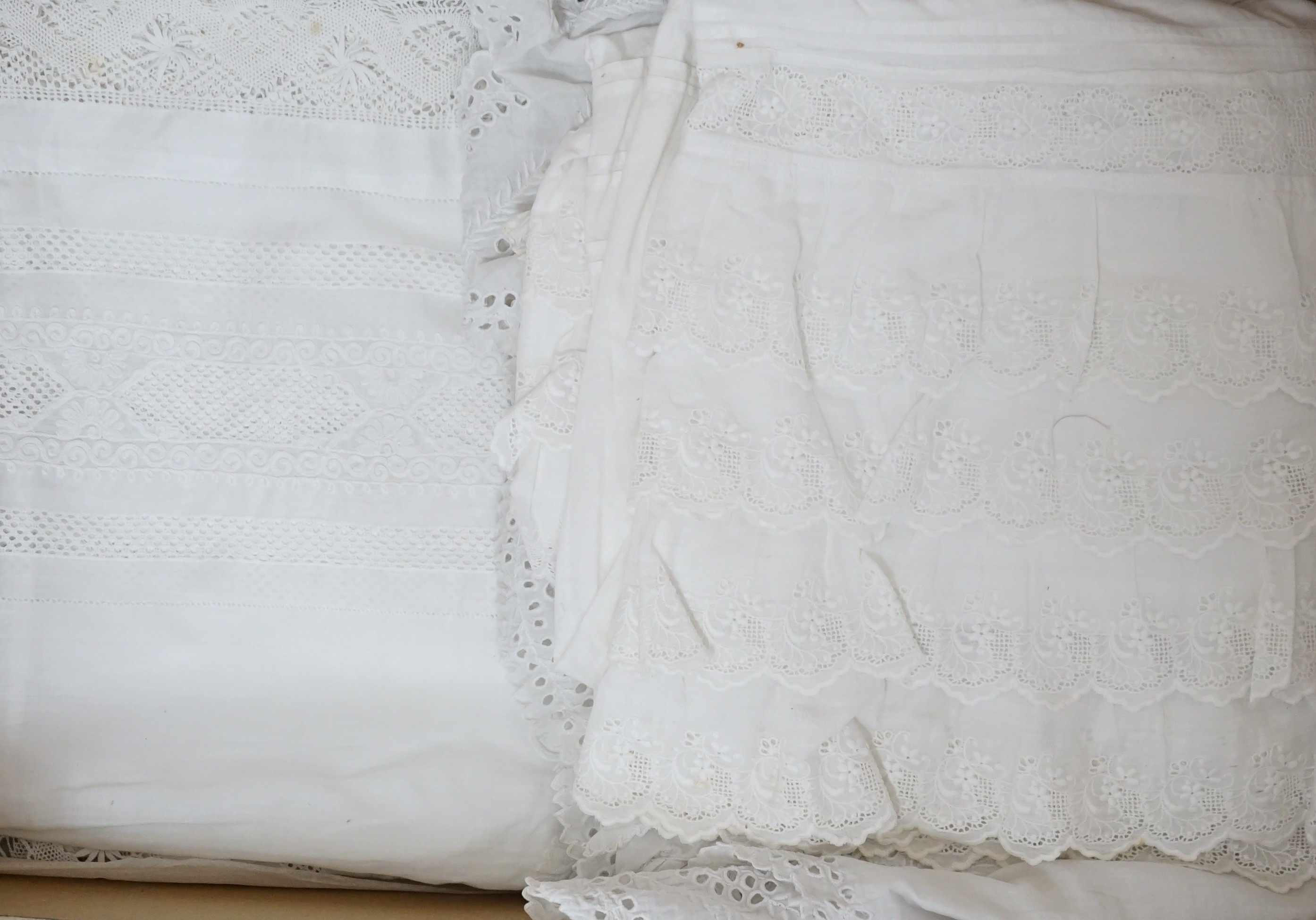 Two silk Maltese collars and a hankie, a needle run veil, Brussels lace fan leaf, Ayreshire embroidered cloth, 2 christening gowns and a bonnet